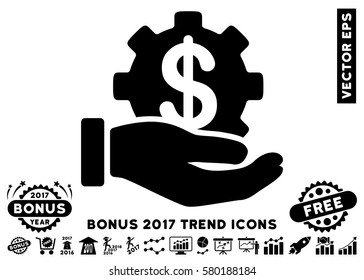 Black Financial Development Gear Hand pictogram with bonus 2017 trend symbols. Vector illustration style is flat iconic symbols, white background.