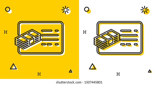 Black Financial document line icon isolated on yellow and white background. Invoice and money icon. Budget planning, money saving and paying debt concept. Random dynamic shapes. Vector Illustration