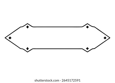 A black fine line vector illustration of a rectangular banner with a geometric border featuring small diamond shapes at each corner. The background is white.