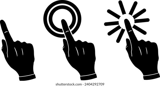 Black Finger Icons on Touch Screen. Hand Gesture with Index Finger. Double Click on the Computer Screen. Vector illustration