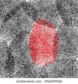 Black finger print pattern with one criminal red silhouette isolated on white background