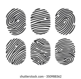 Black finger print set isolated on white background. Elements of identification systems, security conception, apps icons. Vector illustration.