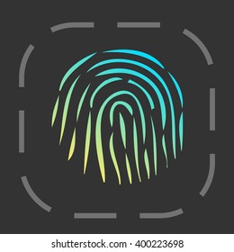 Black fingerprint in color ring on white background. Icon for mobile phone in flat style. Identification of individuals by fingerprints. Vector illustration