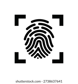 A black fingerprint icon centered within a square formed by four black camera viewfinder lines on a pure white background for identification and security concepts