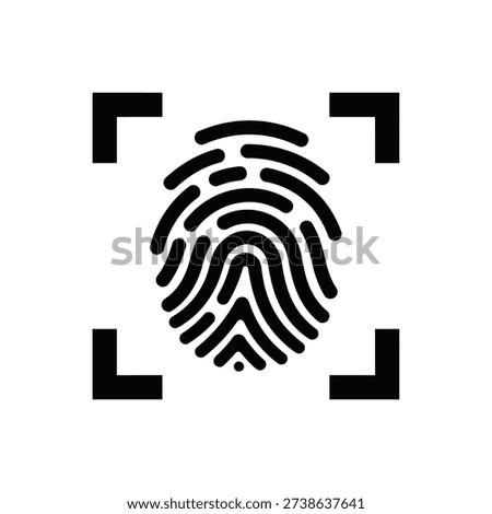 A black fingerprint icon centered within a square formed by four black camera viewfinder lines on a pure white background for identification and security concepts