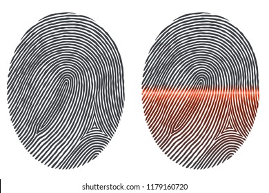 Black Fingerprint Imprint Isolated on White and Fingerprint Scanned with Optical Scanner. Vector Illustration.