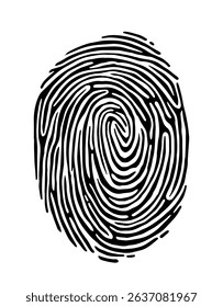 Black fingerprint pattern with detailed ridges and swirls in a bold graphic style on a clean white background. Concept of identity, security, and biometrics. Vector illustration