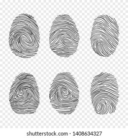 Black fingerprint set isolated on transparent background. Human identity thumbprint. Vector illustration