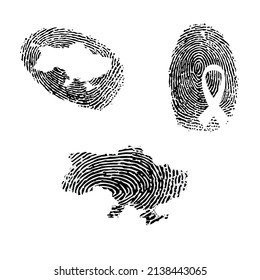 Black fingerprint silhouettes with Ukraine map and ribbon silhouette isolated on white background