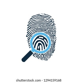 Black fingerprint through magnifying glass vector illustration. Criminalistics research. vector illustration isolated on white background.