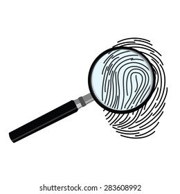 Black fingerprint through magnifying glass vector illustration. Criminalistics research