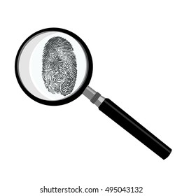 Black fingerprint through magnifying glass vector illustration. Criminalistic research