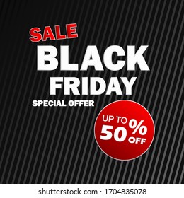 Black firay poster. 50 percent off. Black Friday sale inscription design template.