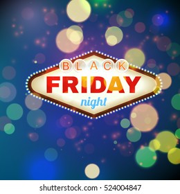 Black Firday retro light frame with Bokeh Background. Vector