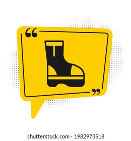 Black Fire boots icon isolated on white background. Yellow speech bubble symbol. Vector