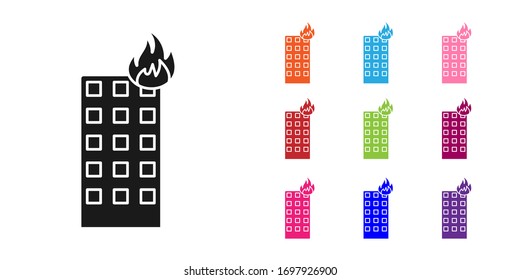 Black Fire in burning building on city street icon isolated on white background. Set icons colorful. Vector Illustration