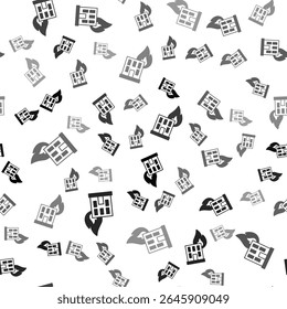 Black Fire in burning building on city street icon isolated seamless pattern on white background. Destroyed city on fire.  Vector