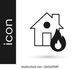 Incendio negro en un icono de la casa quemada aislado en fondo blanco.  Vector