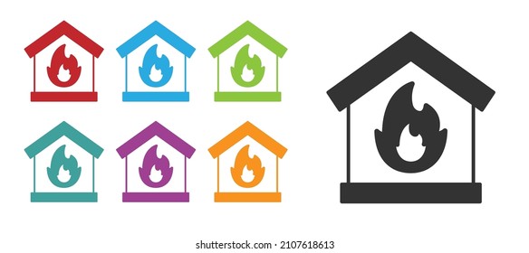 Incendio negro en un icono de la casa quemada aislado en fondo blanco. Indique los iconos en colores. Vector