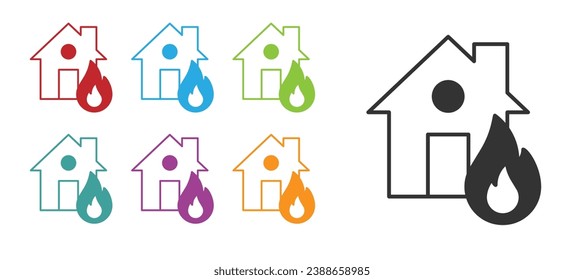 Black Fire in burning house icon isolated on white background. Set icons colorful. Vector