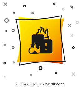 Black Fire in burning house icon isolated on white background. Yellow square button. Vector