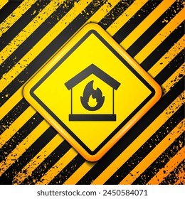 Black Fire in burning house icon isolated on yellow background. Warning sign. Vector