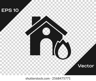 Black Fire in burning house icon isolated on transparent background. Insurance concept. Security, safety, protection, protect concept.  Vector