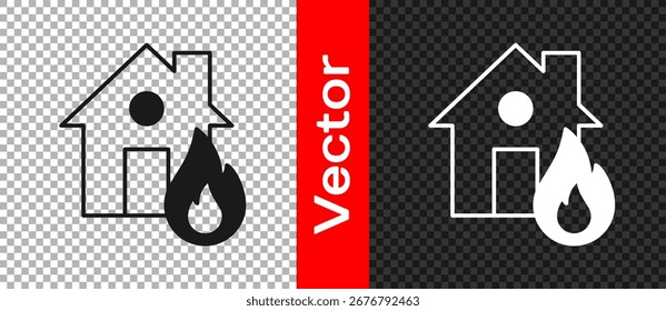 Fogo Preto em ícone de casa em chamas isolado no fundo transparente.  Vetor