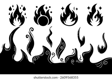 Black fire doodle set on white background