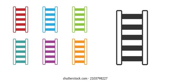 Black Fire Escape Symbol einzeln auf weißem Hintergrund. Pompierer-Leiter. Feuermann-Leiter mit einem Stange. Stellen Sie die Symbole bunt ein. Vektorgrafik