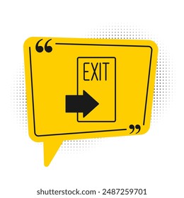 Black Fire exit icon isolated on white background. Fire emergency icon. Yellow speech bubble symbol. Vector