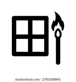 Black fire flame icon breaking through cracked window glass danger sign