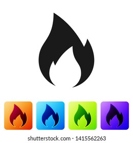 Black Fire flame icon isolated on white background. Heat symbol. Set icon in color square buttons. Vector Illustration