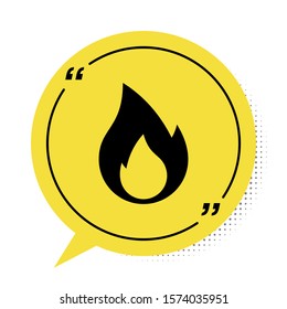Black Fire flame icon isolated on white background. Heat symbol. Yellow speech bubble symbol. Vector Illustration