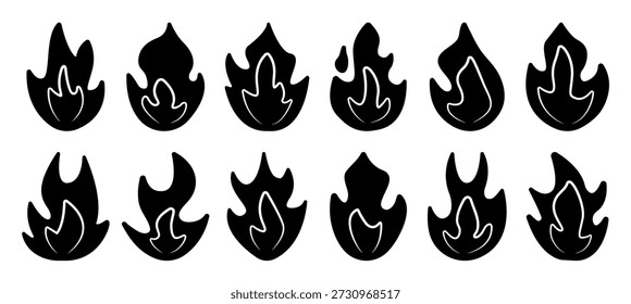Fogo preto e conjunto de ícones de chama, sinais vetoriais monocromáticos. Cliparts de fogueira em várias formas, rabiscos lineares minimalistas, pictogramas decorativos
