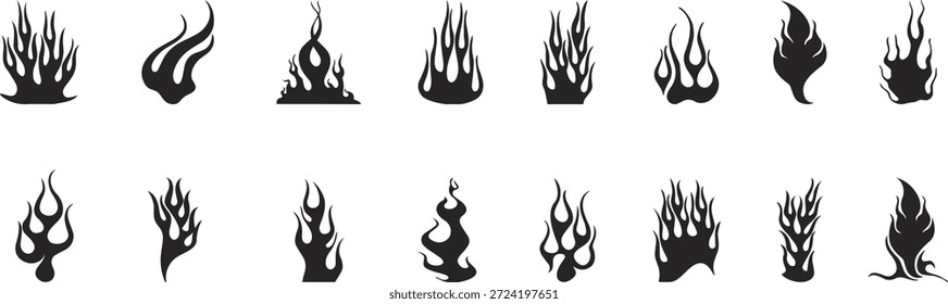 Schwarze Feuer Flamme Silhouetten mit dynamischen brennenden Formen gesetzt. Stilisierte Flammen für Gefahren-, Wärme-, Energie- und Kraftkonzepte. Ideal für Logos, Tattoos, Poster und grafische Designs.