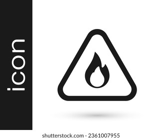 Black Fire flame in triangle icon isolated on white background. Warning sign of flammable product.  Vector