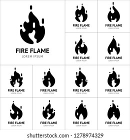 Black fire flames set, new symbols on white background, vector illustration