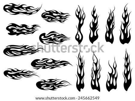 Black fire flames in tribal style with long swirls for tattoo and vehicle decoration design