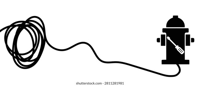 Black fire hydrant icon with coiled cord and screwdriver. Repair, maintenance, service, water supply, plumbing, safety. Isolated on transparent background.