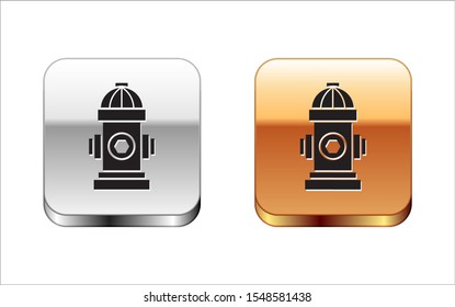 Black Fire hydrant icon isolated on white background. Silver-gold square button. Vector Illustration