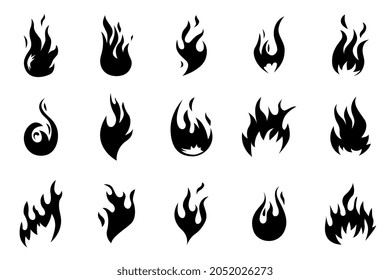 Black fire icons. Flames shapes. Heat fires silhouettes. Isolated hot blaze, bonfire logo. Warning heat and flammable, campfire recent vector set