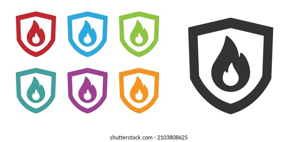Black Fire protection shield icon isolated on white background. Insurance concept. Security, safety, protection, protect concept. Set icons colorful. Vector