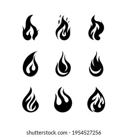 Black fire silhouettes. Simple outline fire flames, ignite and fiery explosion signs. Campfire isolated on white background icons. Fire flat flame icon.Vector illustration.
