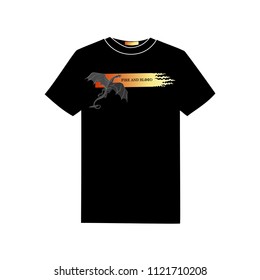 Black fire-breathing dragon on a black T-shirt. Design of the emblem for the decoration of men's clothing. Vector image with text on сontrasting background.