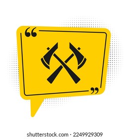 Black Firefighter axe icon isolated on white background. Fire axe. Yellow speech bubble symbol. Vector