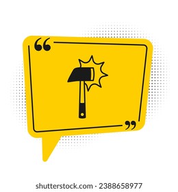 Black Firefighter axe icon isolated on white background. Fire axe. Yellow speech bubble symbol. Vector