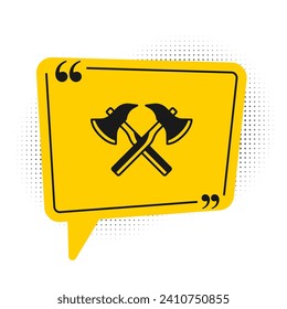 Black Firefighter axe icon isolated on white background. Fire axe. Yellow speech bubble symbol. Vector