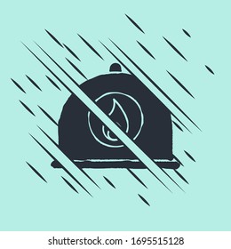 Black Firefighter helmet or fireman hat icon isolated on green background. Glitch style. Vector Illustration