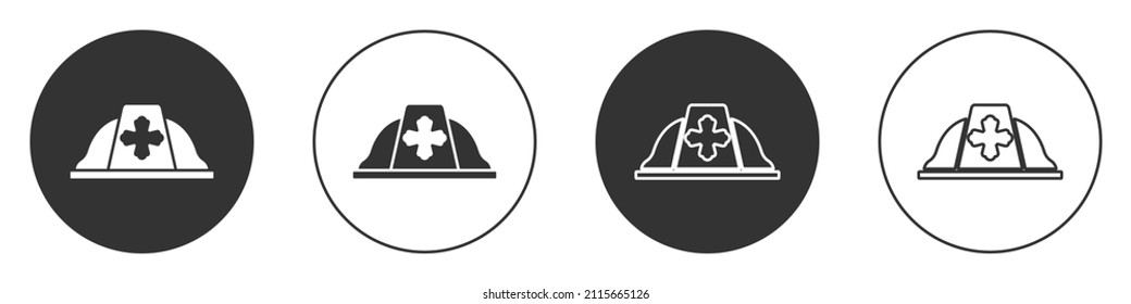 Black Firefighter Helmet Or Fireman Hat Icon Isolated On White Background. Circle Button. Vector